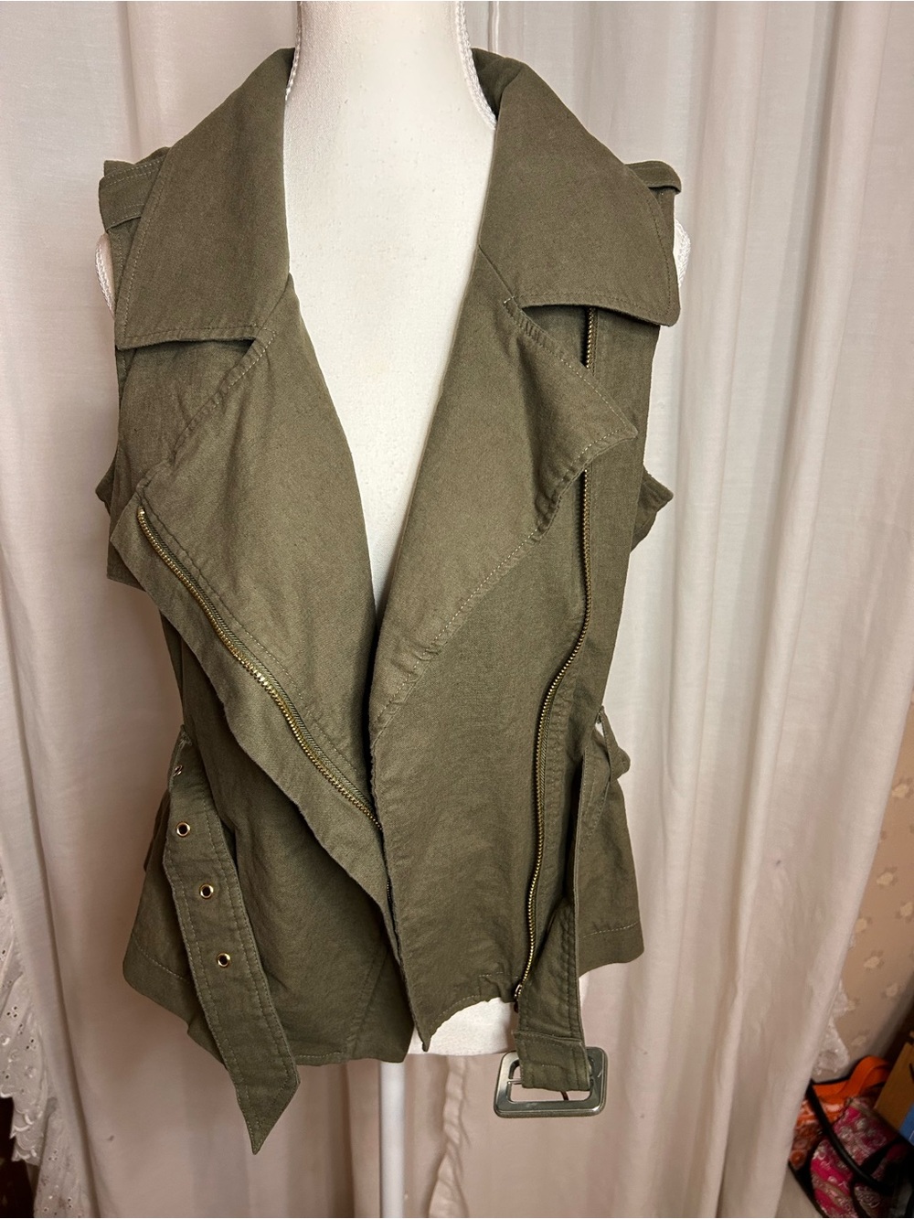 VENUS Olive Green Belted Moto Vest Jacket Womens Size 8 Asymmetric Zip Utility